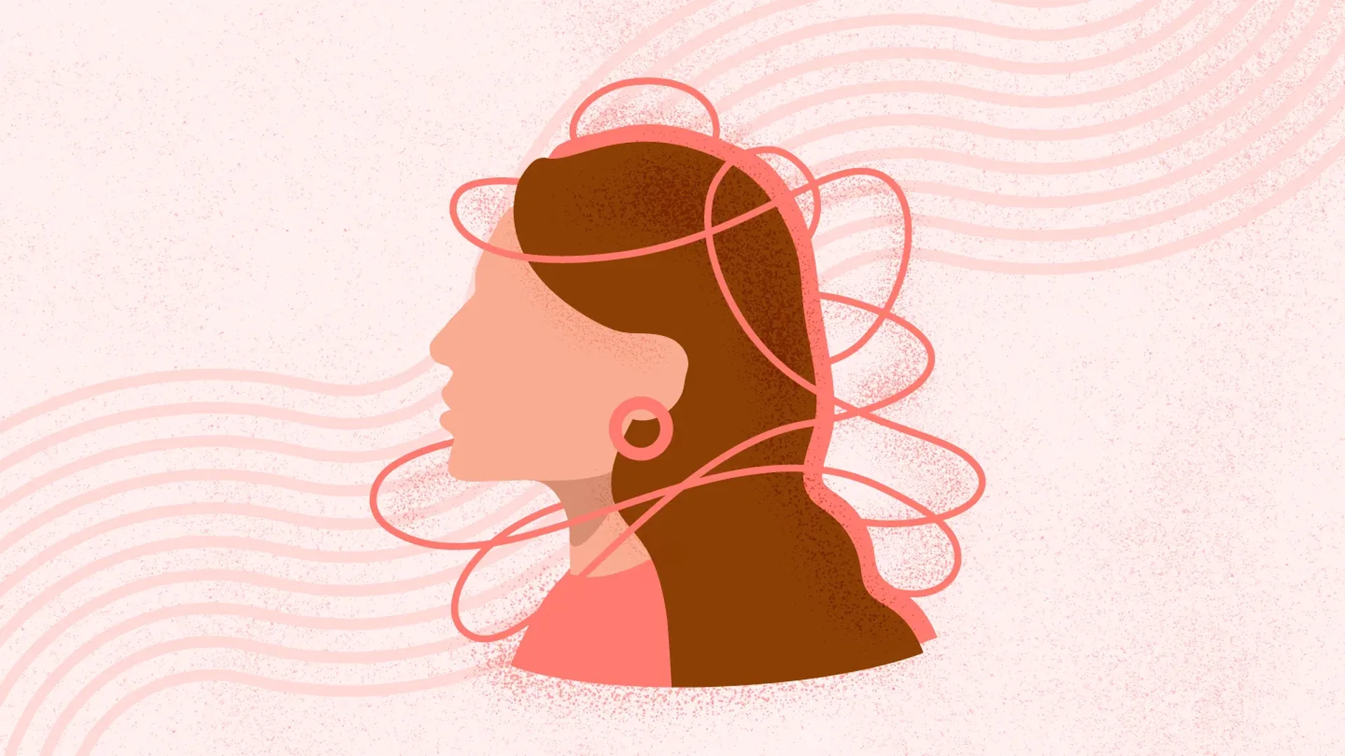 A flat illustration of a woman in profile with dark hair, a coral top and a hoop earring, with coral loops and wavy lines tangled around her head against a pale pink background.