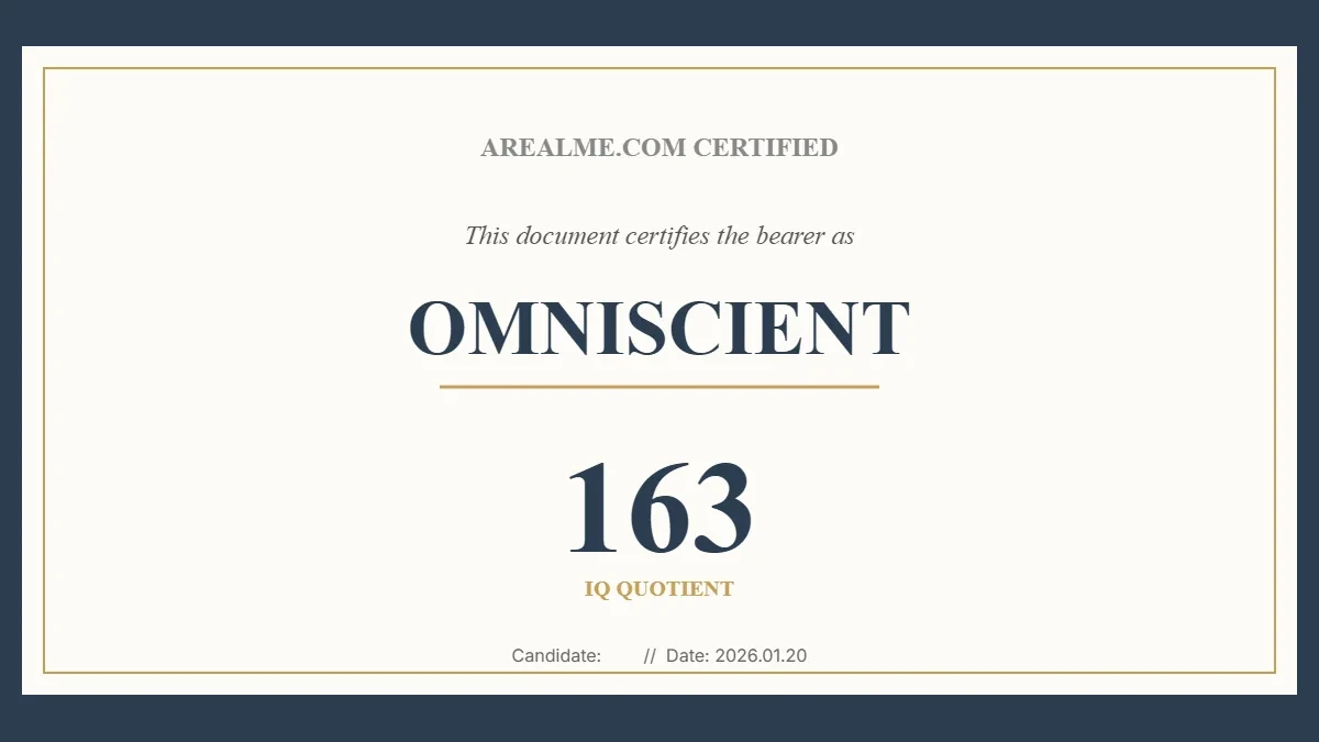 A cream certificate card with a thin gold border on a dark navy background reads AREALME.COM CERTIFIED, then This document certifies the bearer as OMNISCIENT, then the number 163 above the words IQ QUOTIENT, and a footer line with Candidate D.F and Date 2026.01.20.