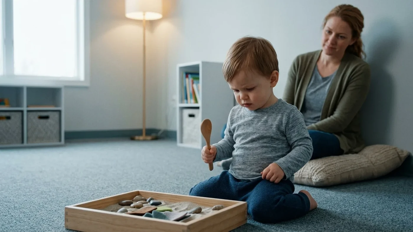 A toddler in a grey top sits on a carpet holding a wooden spoon beside a shallow tray of sand and stones, with a woman watching from a cushion against the wall.