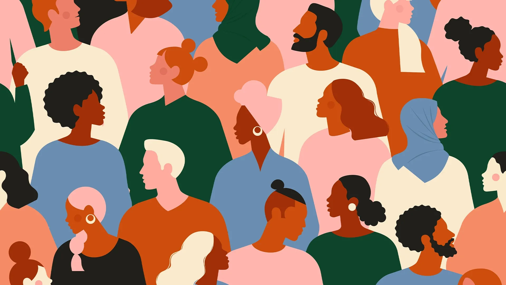 Flat vector illustration of a dense crowd of overlapping people seen in profile, wearing shirts in cream, rust, green, blue, pink and black, with a range of hairstyles, beards and head coverings.