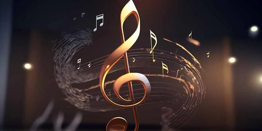 A large glowing golden treble clef floating in front of a dark stage backdrop, surrounded by swirling staff lines and scattered music notes.