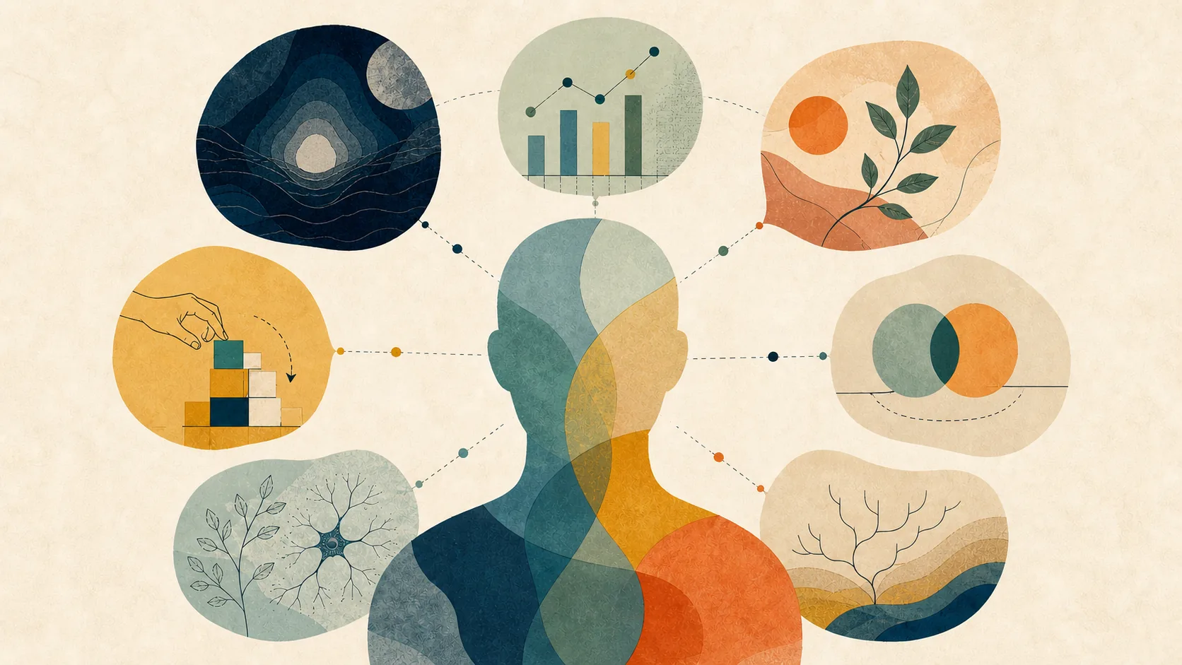 A multicolored head silhouette linked by dotted lines to circles holding charts, leaves, blocks and a neuron.