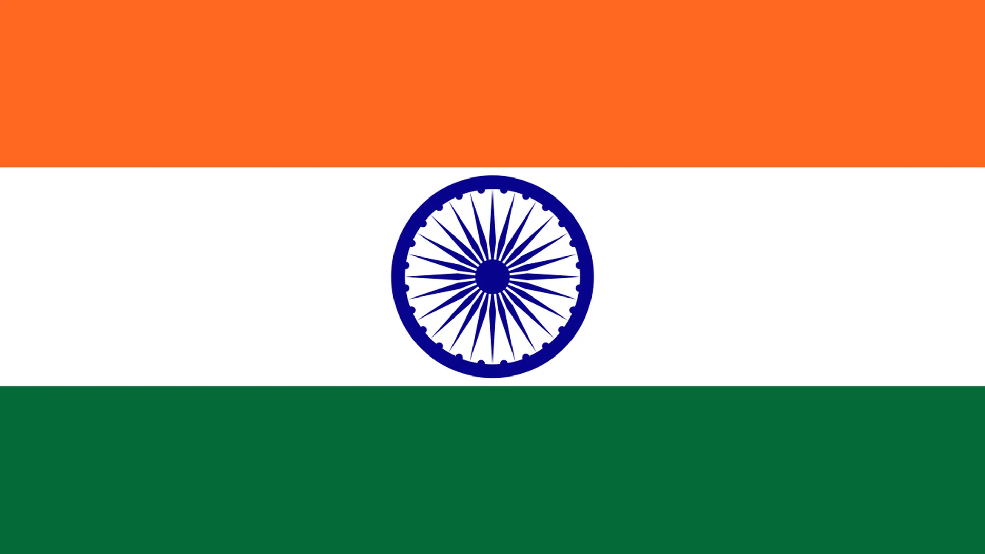The flag of India, a horizontal tricolour of saffron, white and green with the navy blue Ashoka Chakra of twenty four spokes at the centre of the white band.