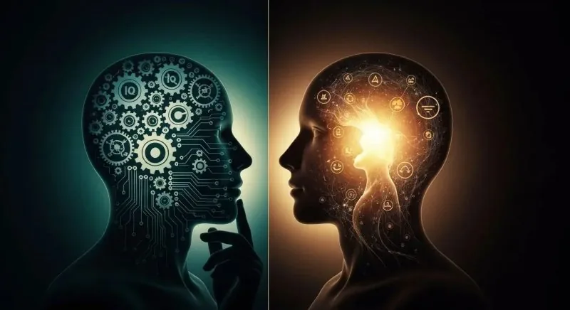 Two glowing head profiles facing each other, one filled with gears marked IQ, one with light and icons.