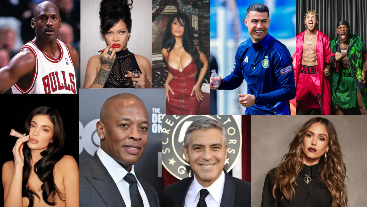 A collage of celebrity photographs including Michael Jordan, Rihanna, Cristiano Ronaldo, Dr. Dre and George Clooney.