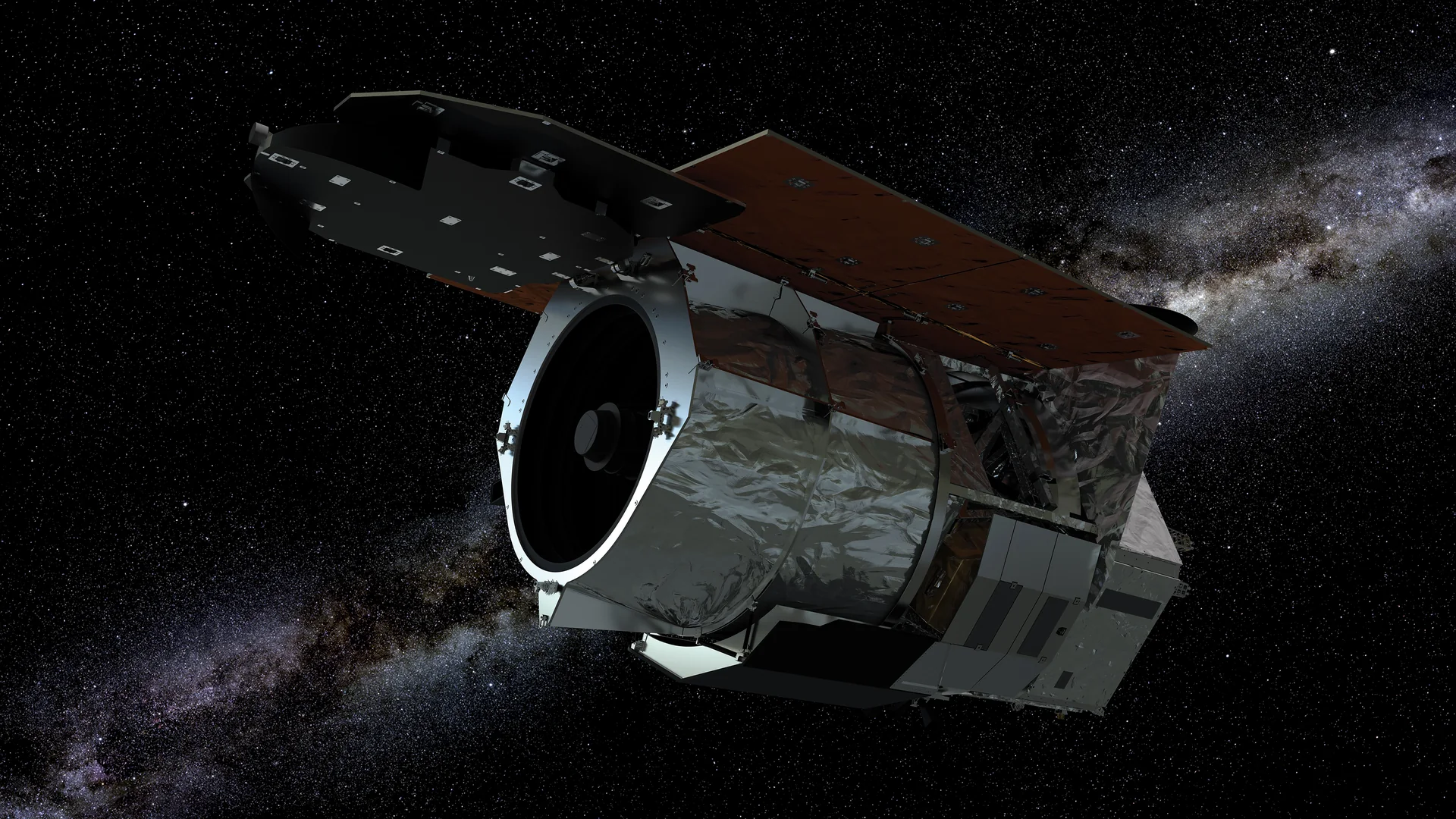 Illustration of a silver space telescope with a dark circular opening and broad panels against a field of stars.