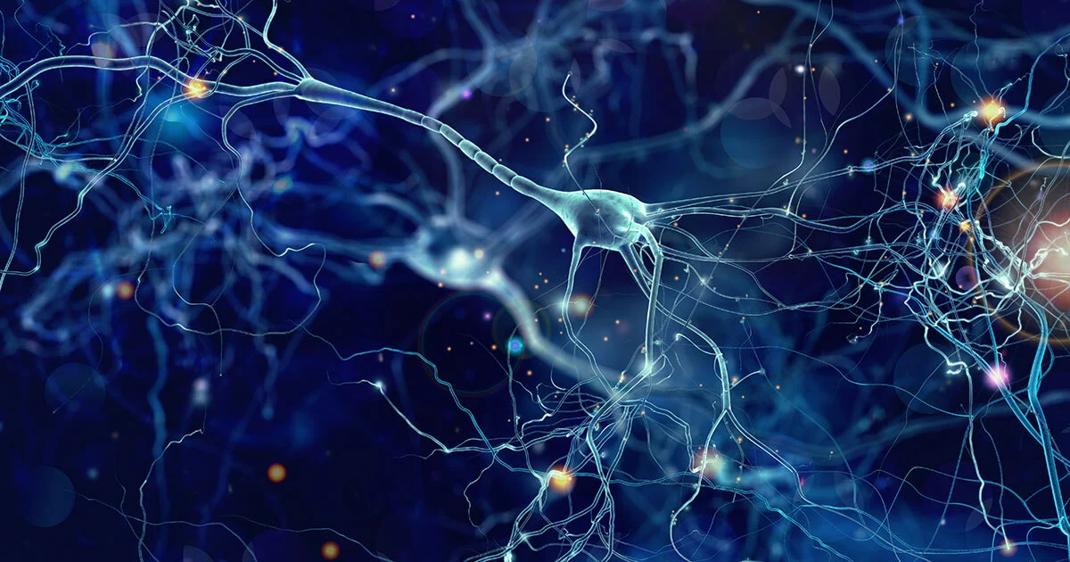 A dark blue render of glowing neurons and branching nerve fibers dotted with points of light.