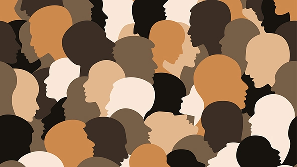 A dense crowd of overlapping head silhouettes in profile, in shades of brown, tan, cream and black.