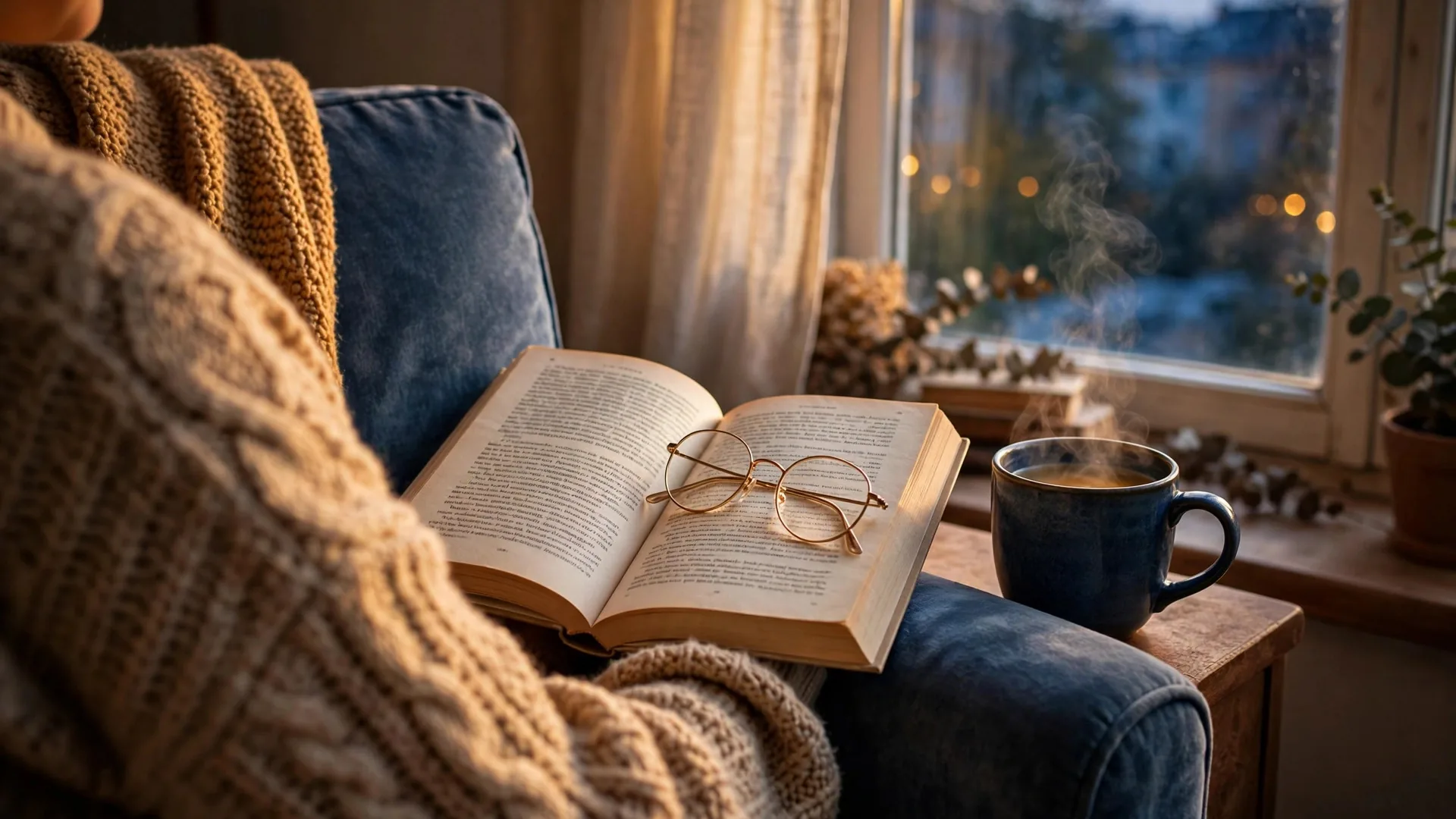 An open book lies on the arm of a blue velvet armchair with a pair of round gold framed glasses resting on its pages, beside a steaming blue ceramic mug, a knitted blanket and a window that looks out on a city at dusk.