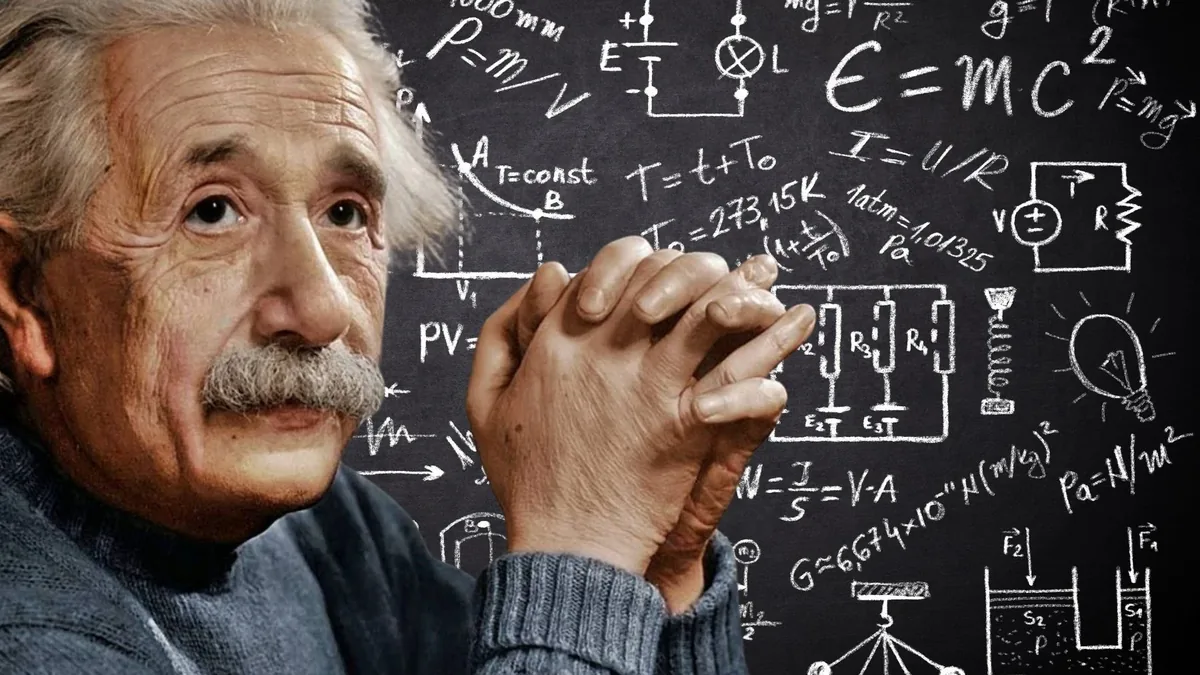 A colorized portrait of an elderly man with untidy white hair and a gray mustache, his hands clasped in front of his chin, in front of a blackboard covered in chalk physics formulas, among them E equals m c squared, and circuit diagrams.