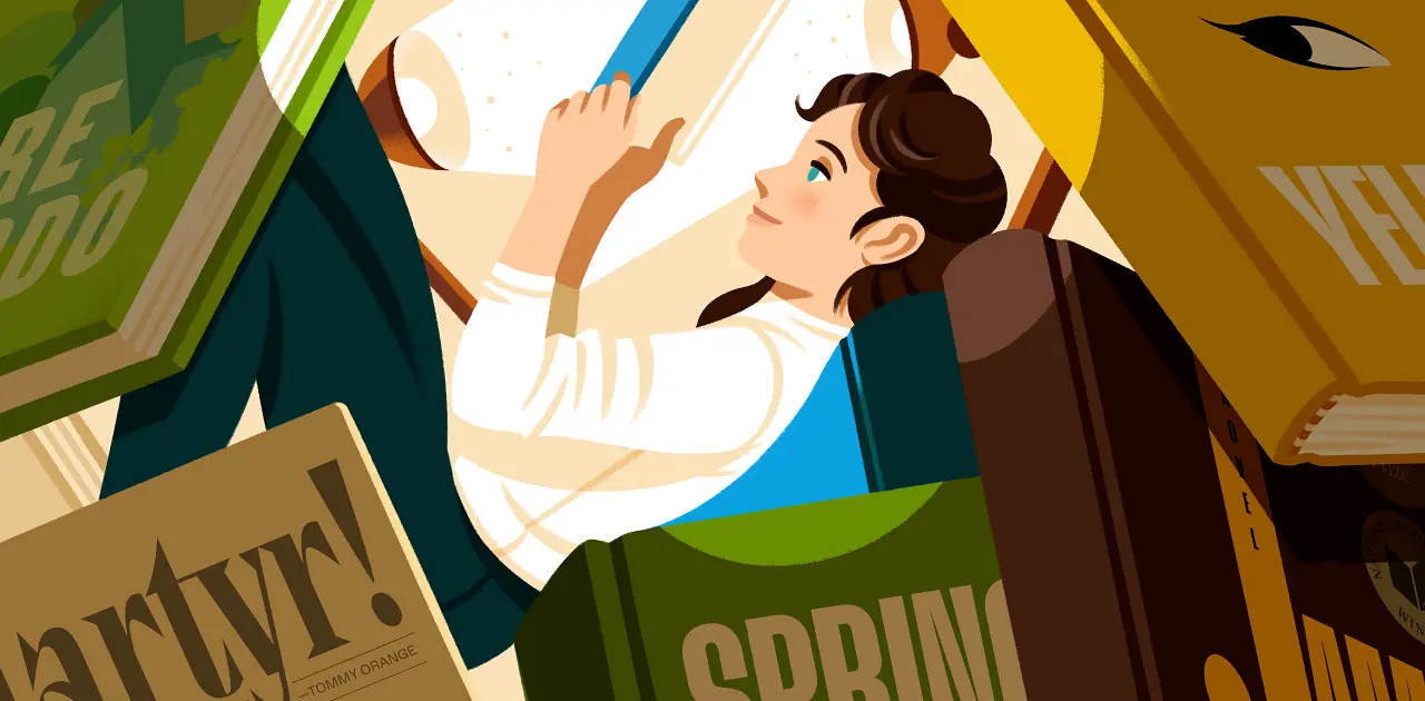 A flat illustration of a young person in a white shirt reaching up for a book, seen from below through a frame of oversized book covers.