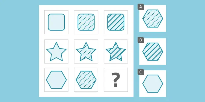 A three by three grid of teal shapes with rows of squares, stars, and hexagons in three fill patterns, the last cell a question mark, beside three lettered answer options.