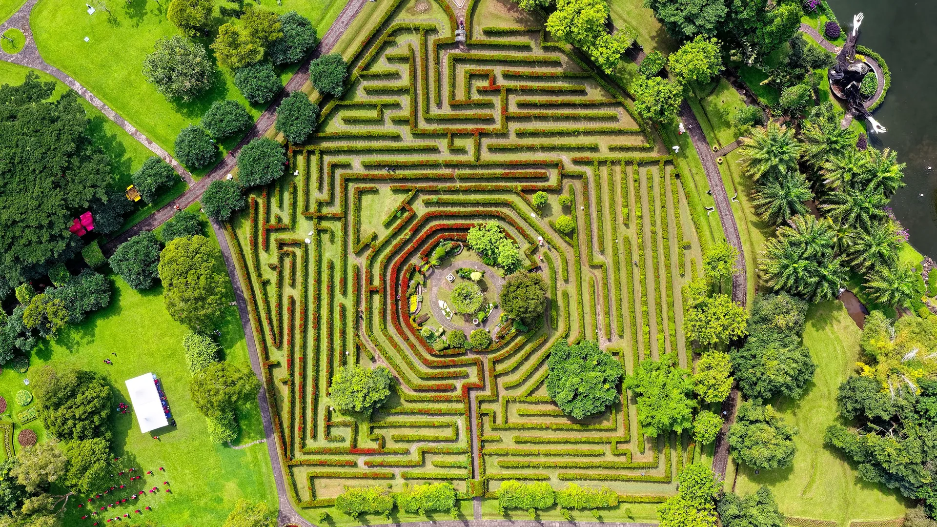 An aerial view of a large hedge maze in a green park, surrounded by trees.