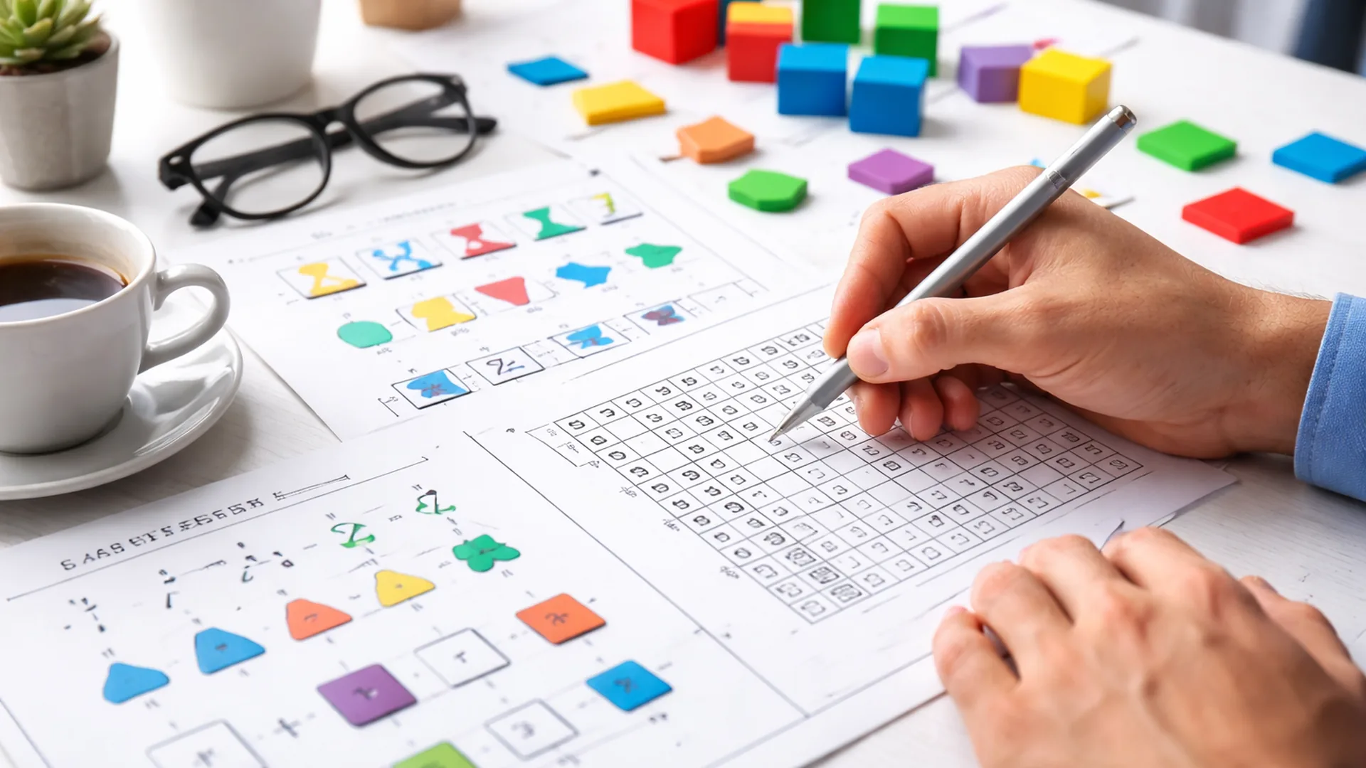 A hand holding a silver pen over printed symbol grids and colored shape puzzles, beside a coffee cup, glasses, and wooden blocks.