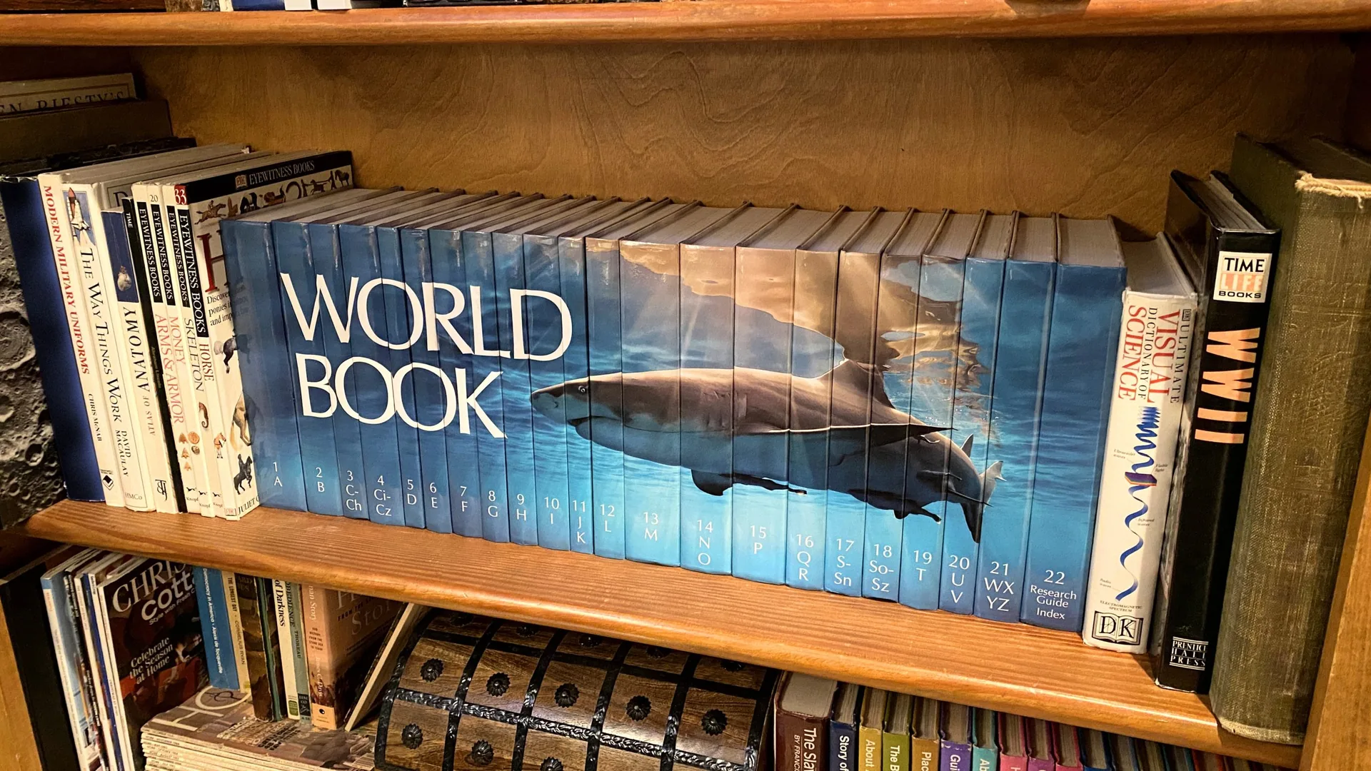 A bookshelf holding a numbered set of World Book volumes whose blue spines join into one picture of a shark, with other books on either side and a box on the shelf below.