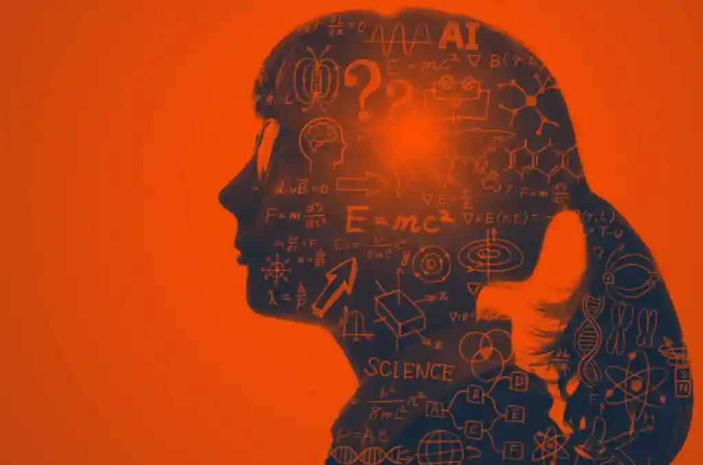 An orange silhouette of a head filled with handwritten equations and the words AI and SCIENCE.