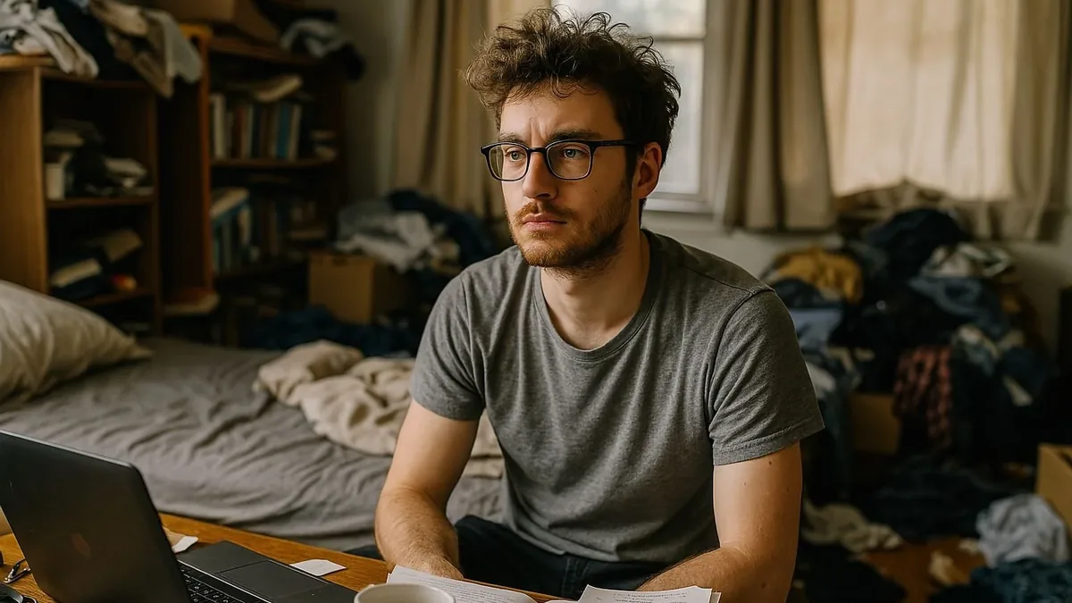 A young man with tousled curly hair, a short beard and dark-rimmed glasses sits at a wooden desk with a laptop, a coffee cup and loose papers, looking to one side, in a small room where clothes are piled on the bed and floor and a shelf holds books.