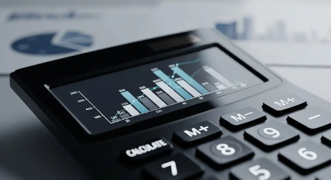 A black desk calculator with a bar chart on its screen, resting on printed financial reports.