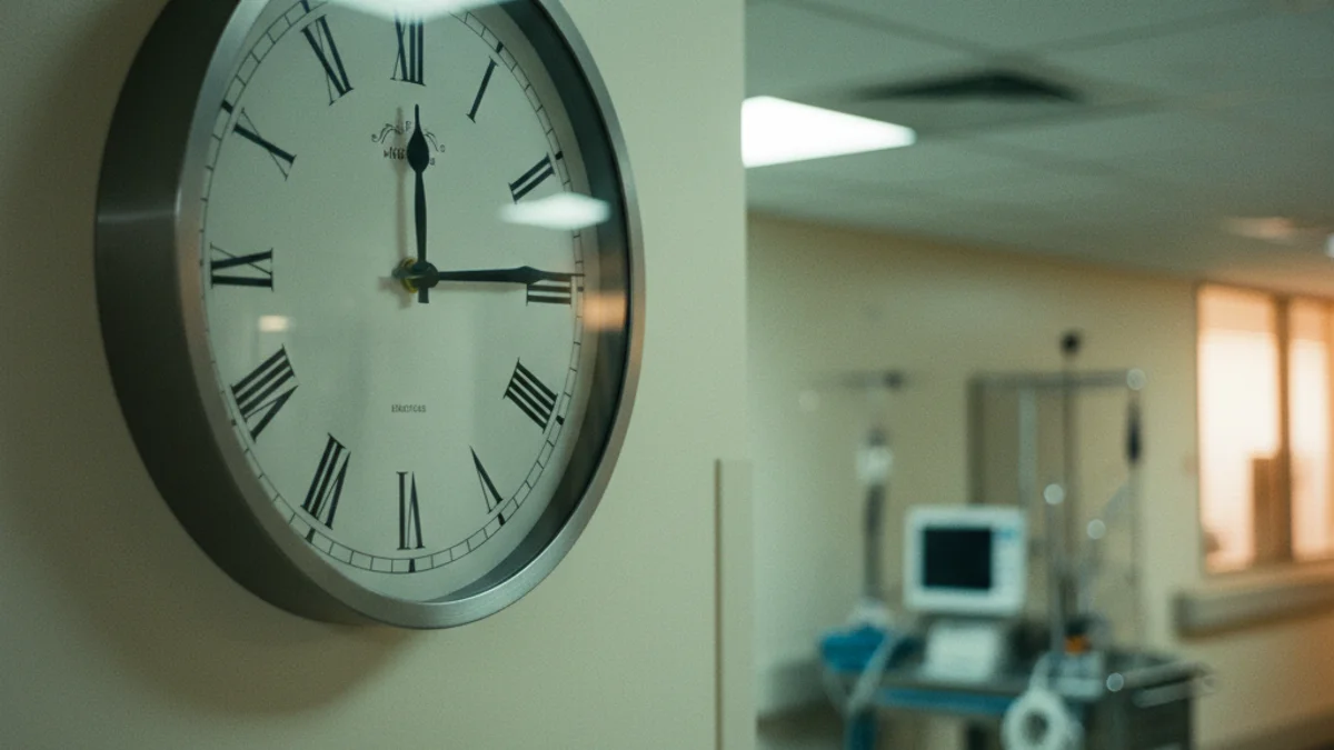 A round wall clock with Roman numerals reading just past twelve, in a blurred hospital corridor.