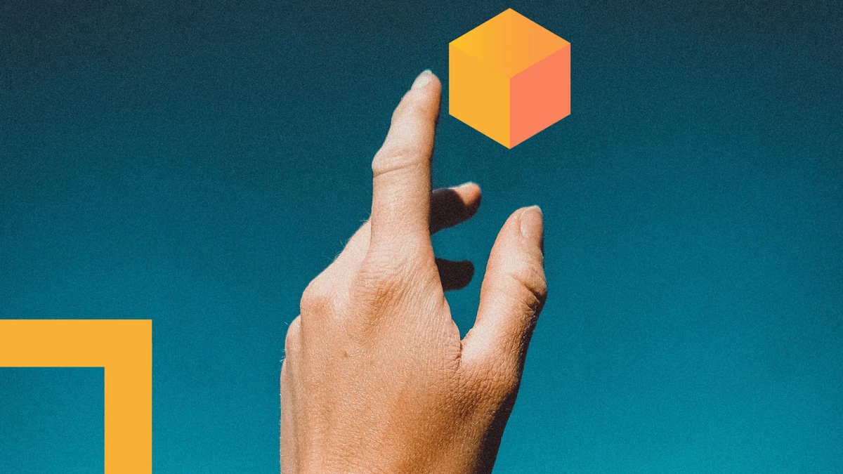 A hand raised against a plain teal sky with the index finger extended upward toward a flat orange cube floating above it, and an orange square corner shape in the lower left of the frame.