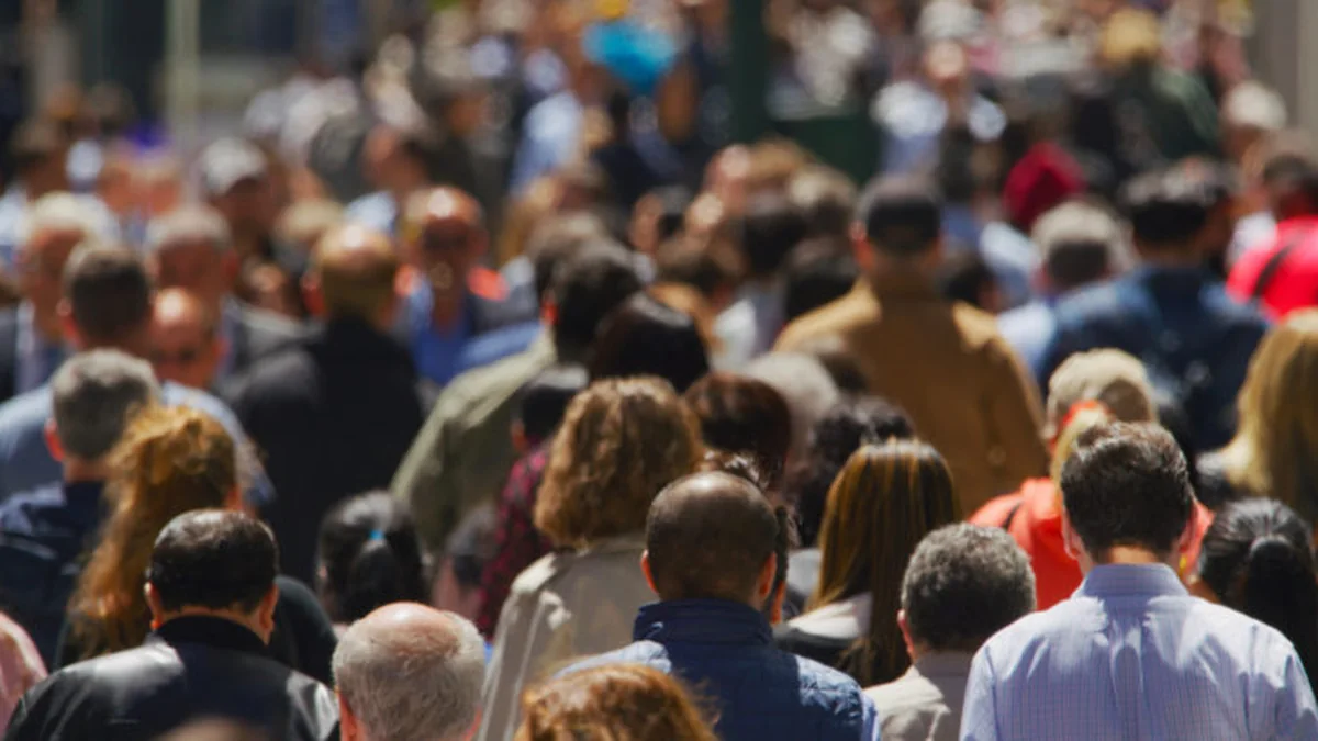 A dense crowd of people seen from behind, walking down a sunlit city street, their faces out of focus.