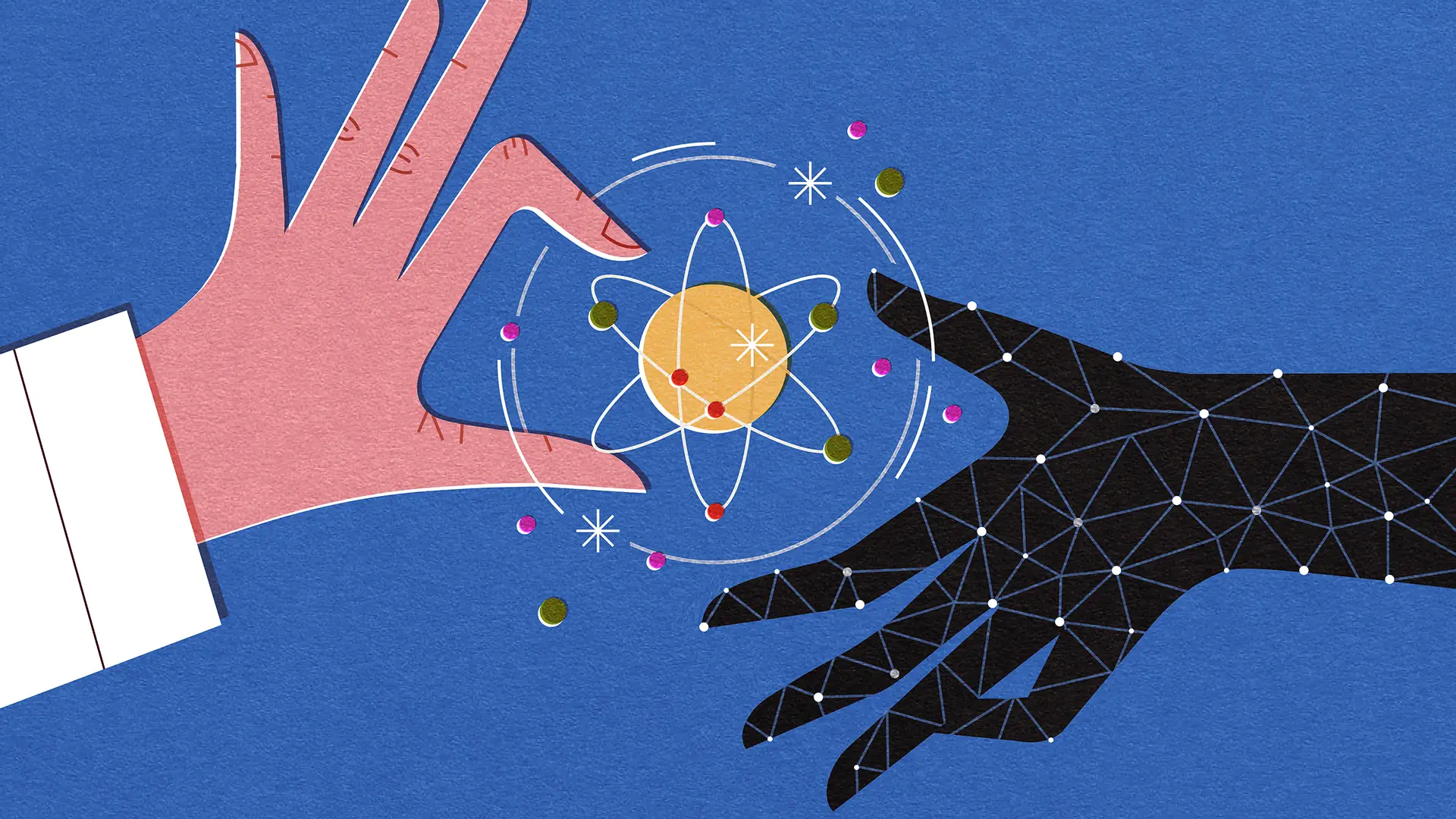 A pink human hand and a black digital hand reaching toward a glowing atom on a blue background.