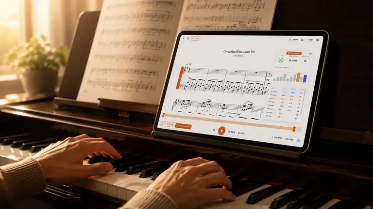 Musical notes and piano keys beside cognitive domains and an overlap diagram