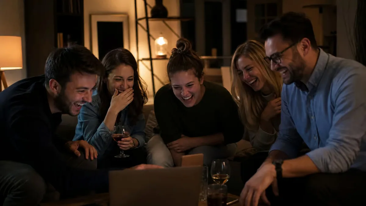 Five adults sit close together in a dim living room, laughing as they look at a laptop.