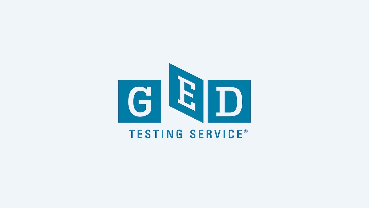 The GED Testing Service logo on a pale blue background, with the white serif letters G, E and D set in three blue panels, the middle panel tilted, and the words TESTING SERVICE in blue capitals below.