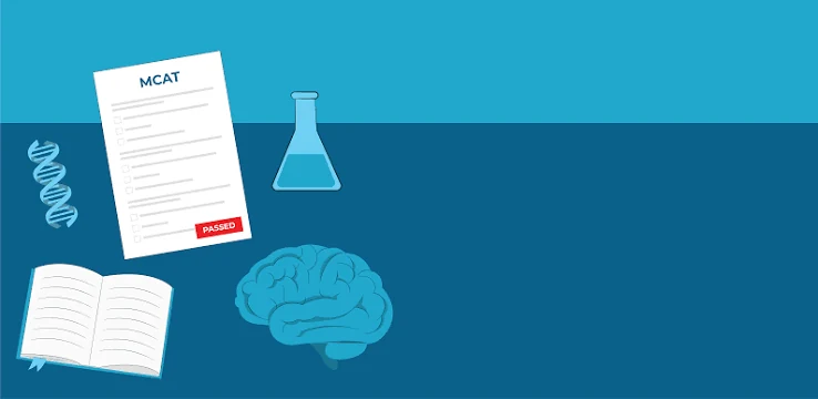 A white paper form headed MCAT with a red label reading PASSED, tilted on a dark blue background beside a light blue laboratory flask, a double helix, an open book and a light blue brain.