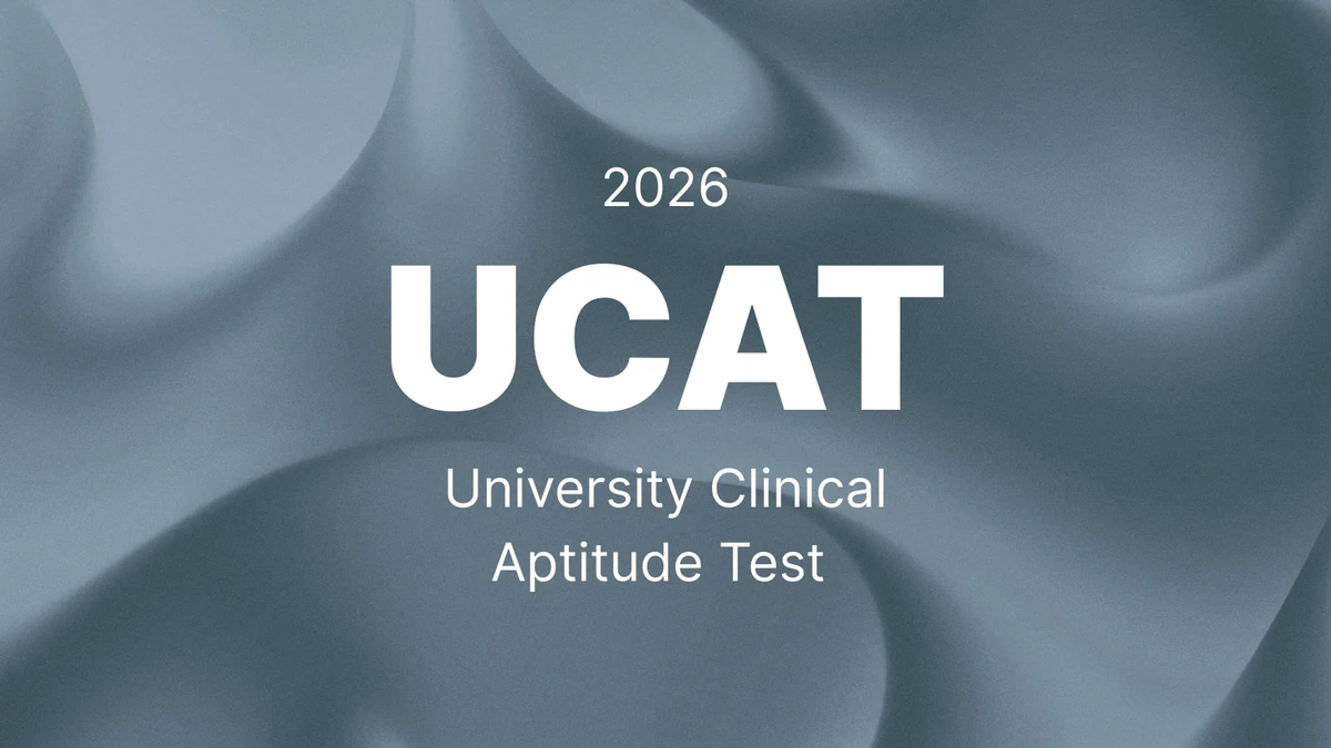 White text on a smooth slate blue-gray background of soft folded waves, reading 2026, UCAT in large bold letters, and University Clinical Aptitude Test beneath.