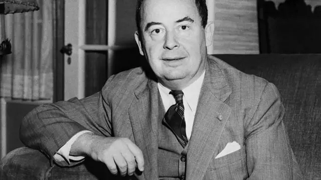 John von Neumann portrait beside mathematical and computing diagrams with an unverified extreme IQ scale