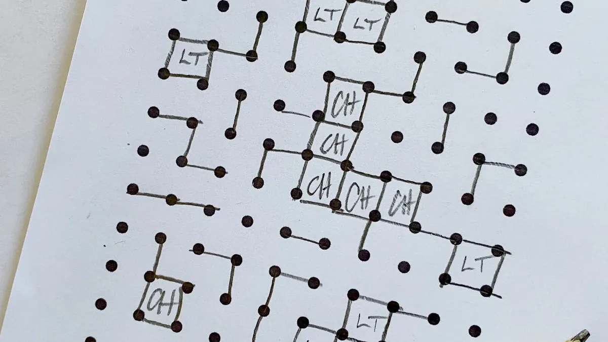 Pencil lines joining a grid of black dots on white paper, with several completed squares marked with the letters LT or CH.