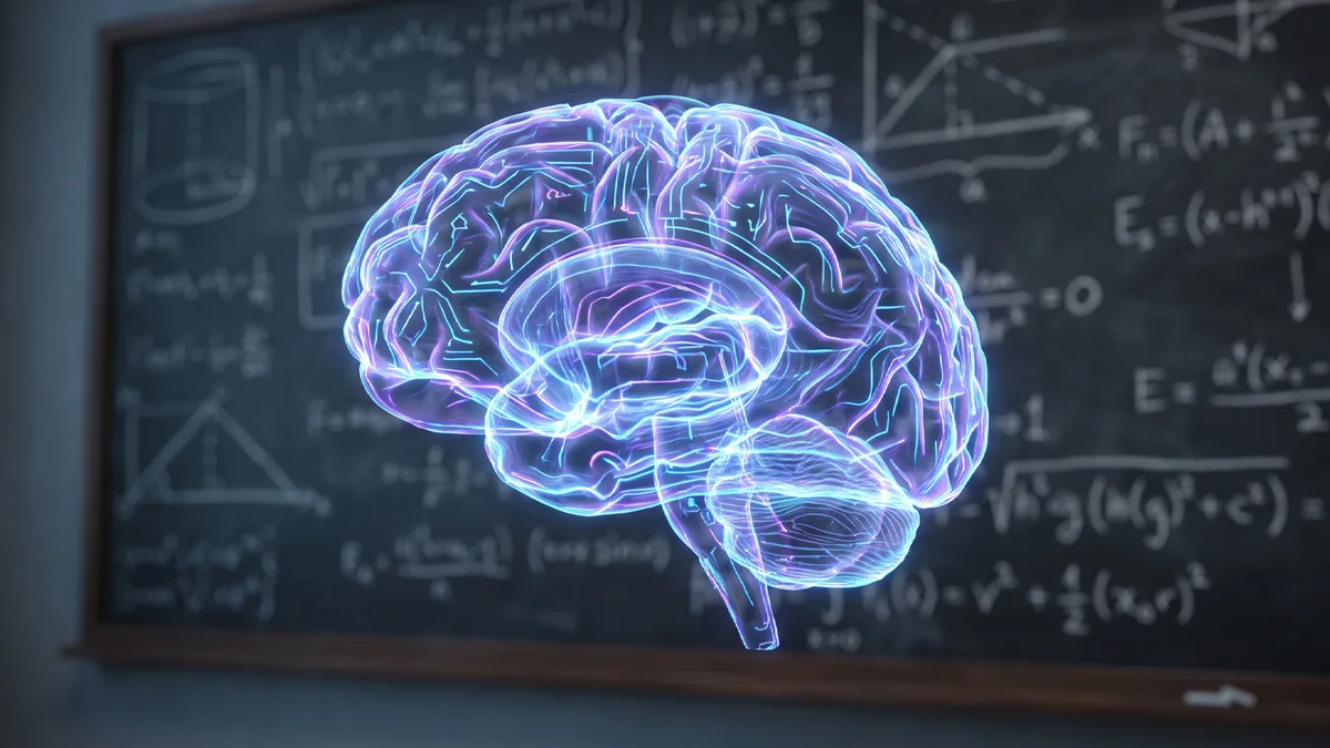 A glowing translucent blue and violet human brain seen from the side floats in front of a dark chalkboard covered in chalk equations, triangles and a sketch of a cylinder.