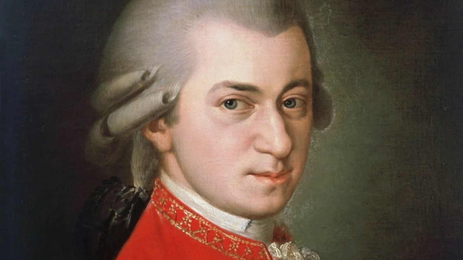 Painted portrait of a young man with powdered white hair, a red coat with gold embroidery and a white cravat, turned slightly toward the viewer against a dark green background.