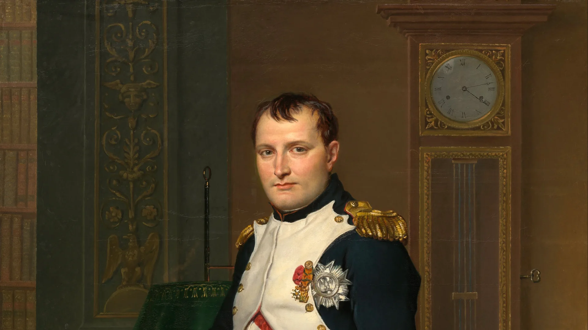 A painted portrait of Napoleon in a dark and white military uniform, with a tall clock behind him.