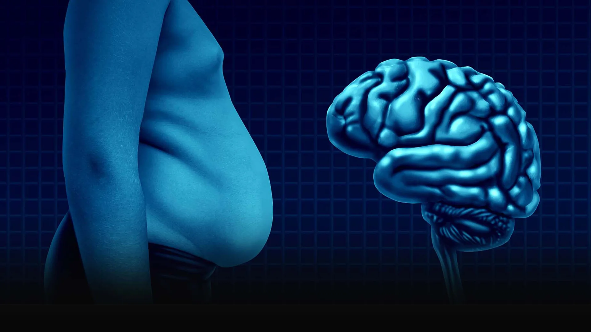 A blue-toned digital illustration of a person's bare torso seen from the side, with the head out of frame and the abdomen rounded, beside a three-dimensional model of a human brain in profile, against a dark navy background with a faint grid.