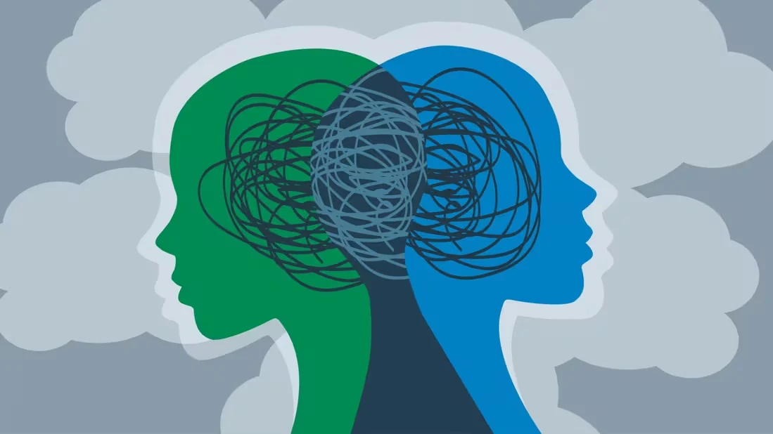 Two head silhouettes in profile against a gray background with pale gray clouds, one green and facing left, one blue and facing right, joined at the back of the head and overlapped by a tangle of dark scribbled lines.