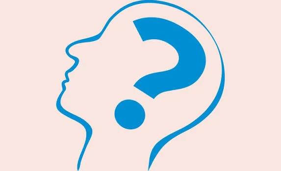 Blue outline of a human head in profile facing left, with a large blue question mark inside the head, on a pale pink background.