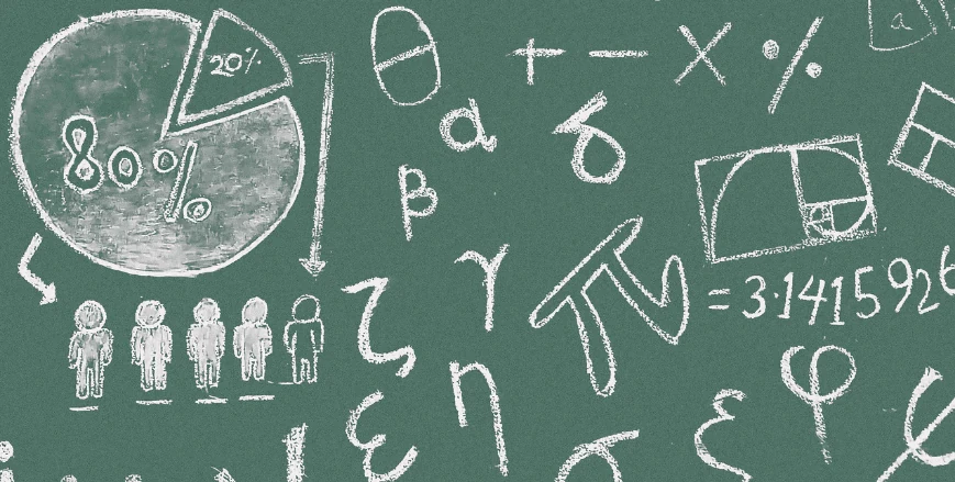 White chalk drawings on a green chalkboard, including a pie chart labeled 80 percent and 20 percent above a row of five figures with one outlined, Greek letters, plus, minus and times signs, a golden spiral rectangle and the digits of pi.