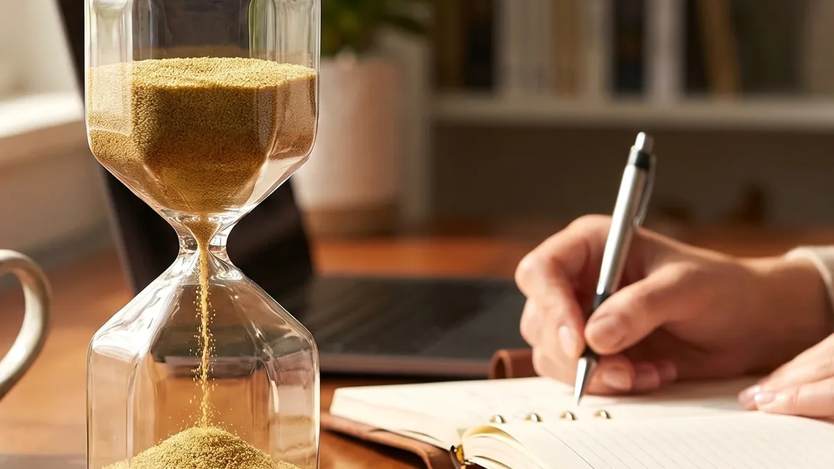 A sand hourglass on a wooden desk beside a hand writing in a notebook with a pen.