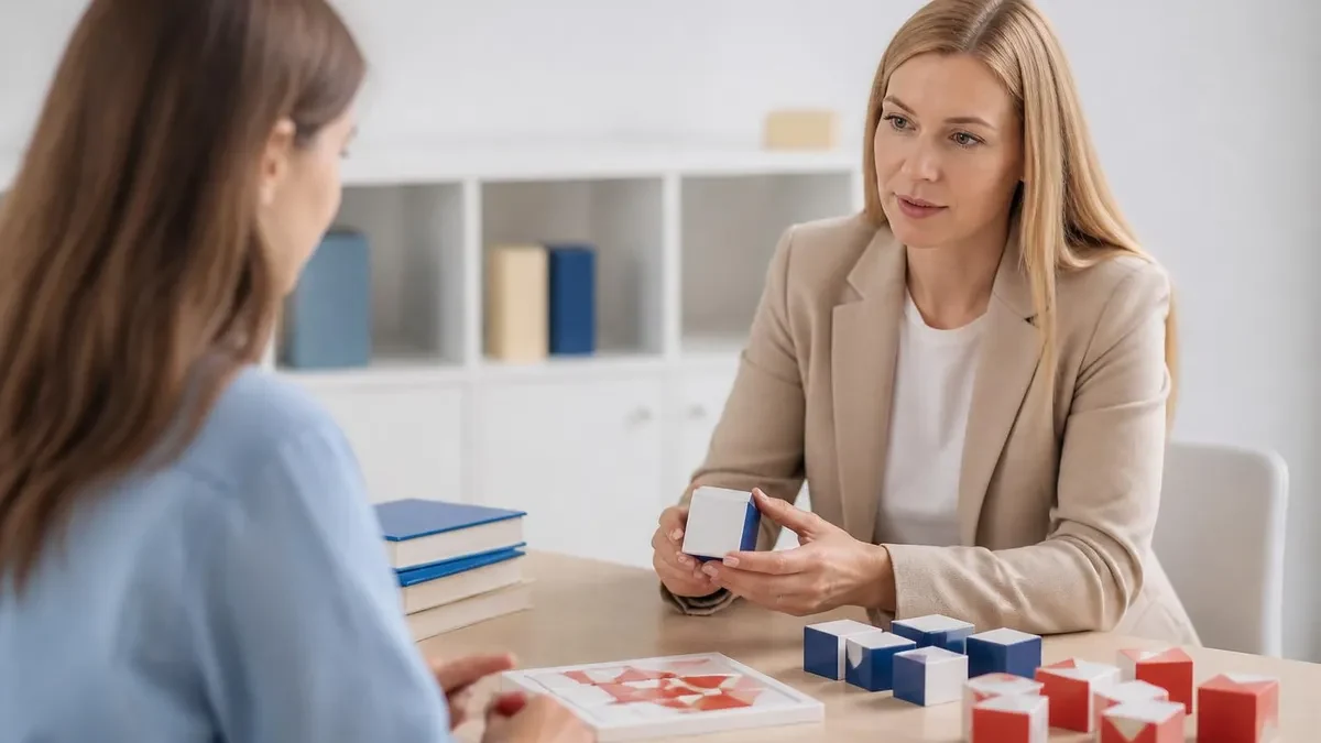 A woman with long blond hair in a beige blazer holds a white and blue block across a table from a second woman with long brown hair, seen mostly from behind, with blue and white blocks, red and white blocks, a flat patterned board and a stack of blue books on the table.