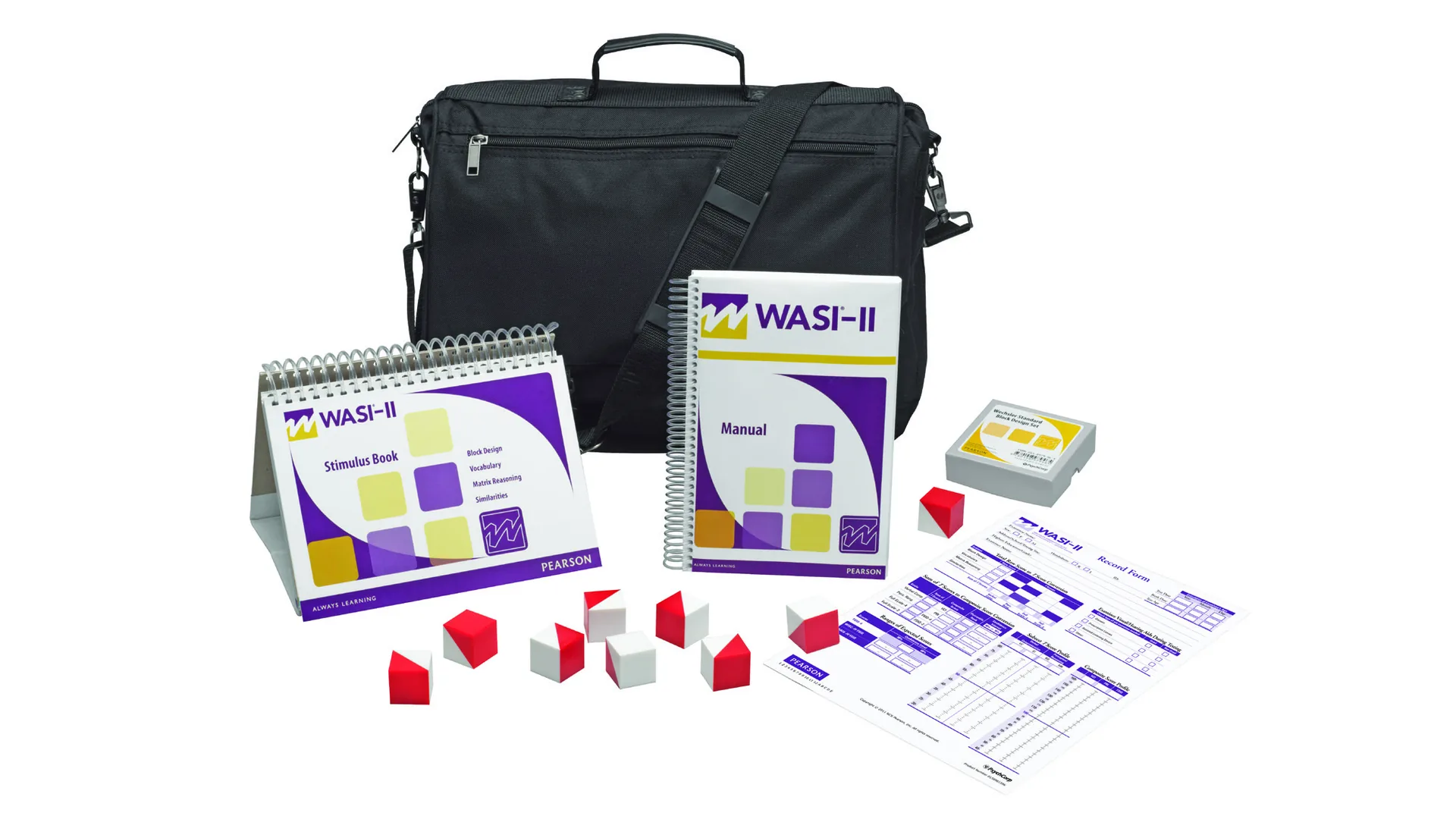 A black shoulder bag stands behind a spiral-bound WASI-II stimulus book, a spiral-bound manual, a small gray box of blocks, a printed record form and loose red and white blocks on a white background.