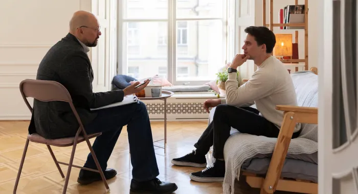 A man with a clipboard and pen sitting opposite a younger man in a bright room.