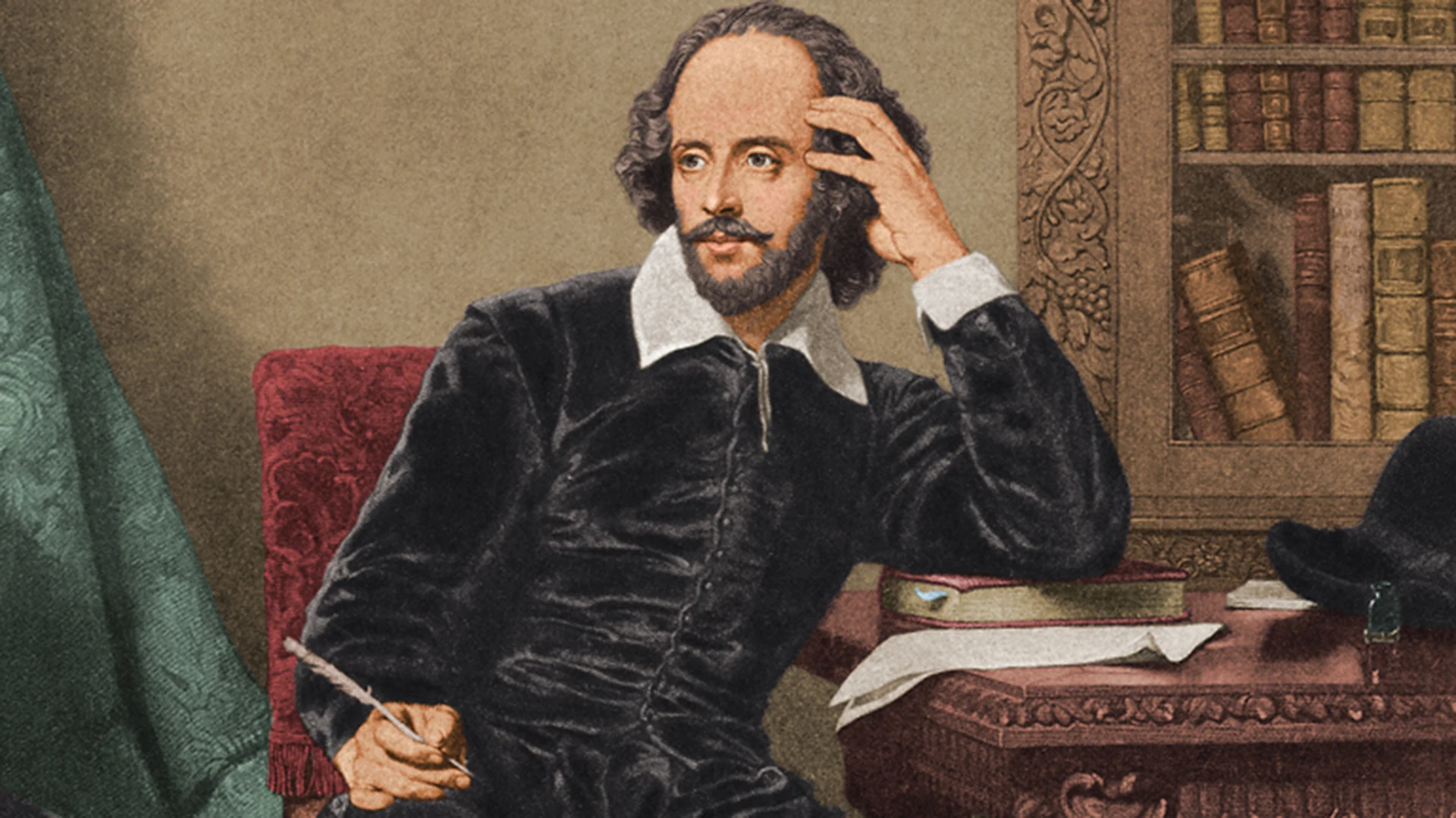 Colored portrait of a bearded man with curled dark hair and a white collar, seated in a black velvet doublet with his head resting on one hand and a quill in the other, with a bookcase, a red chair and a green curtain around him.