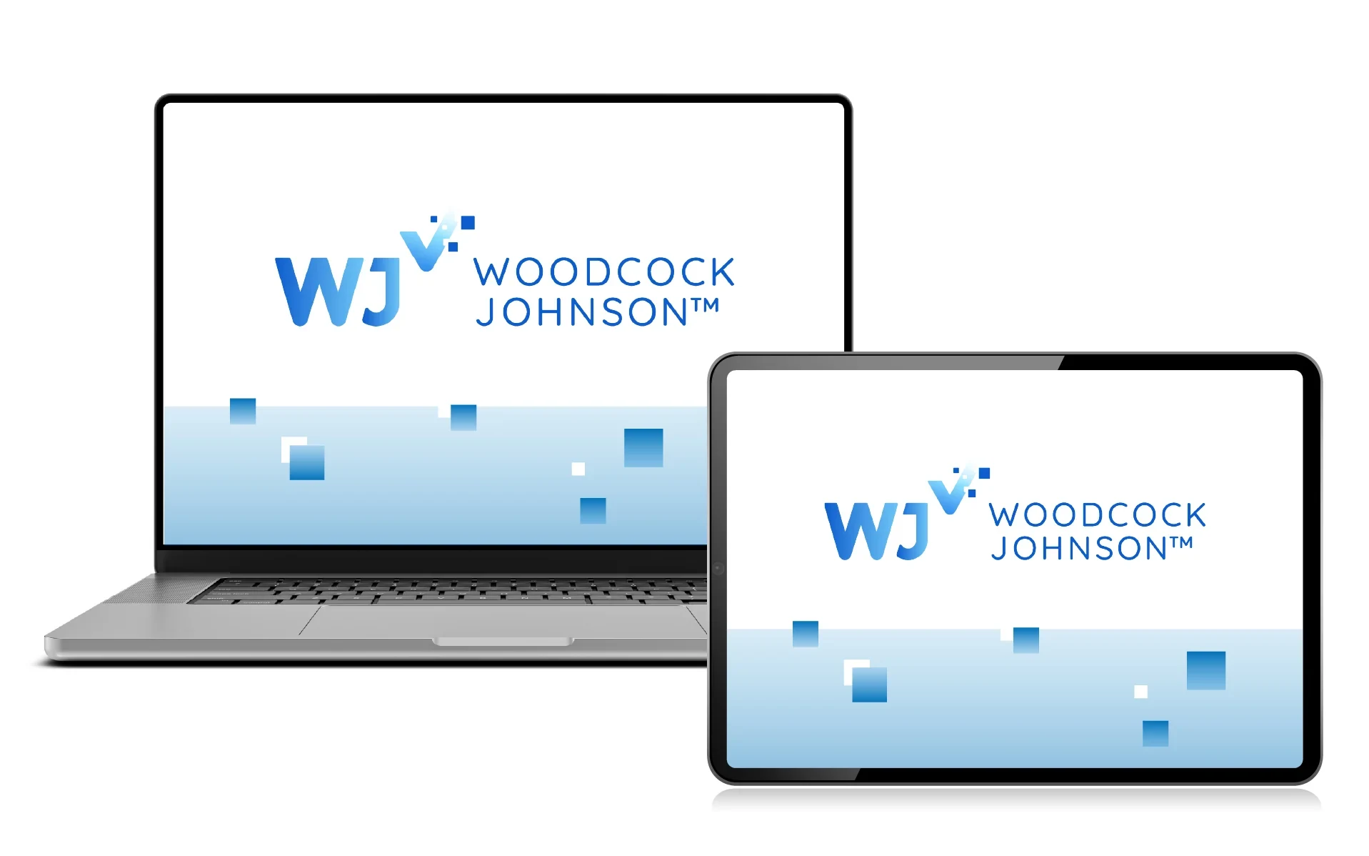 A laptop and a tablet side by side on a white background, both screens showing the blue Woodcock-Johnson V logo above a band of light blue with small blue and white squares.