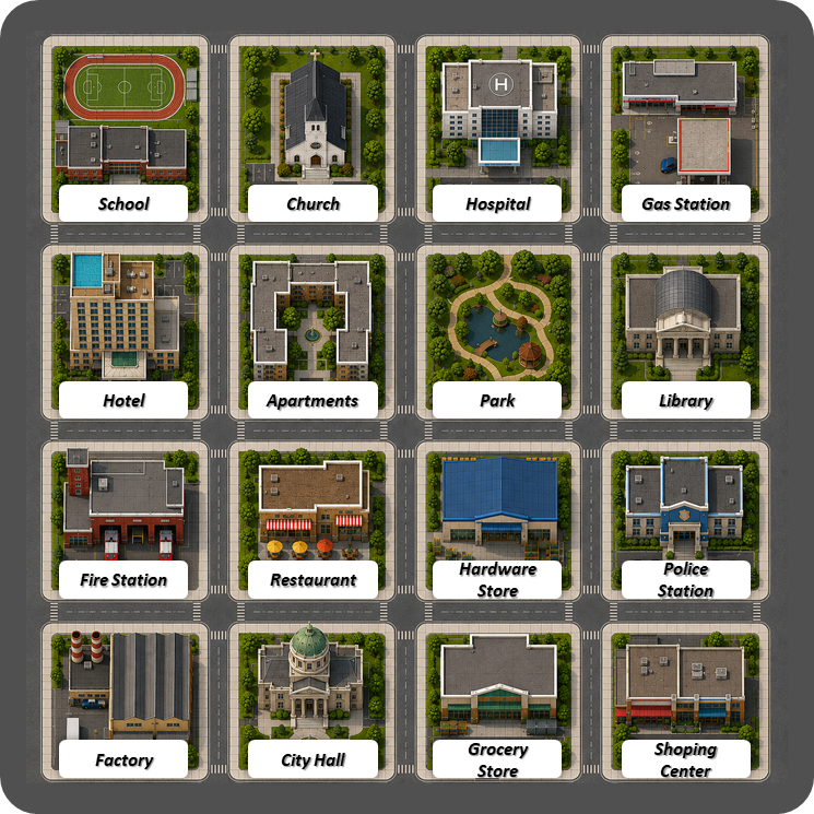Four by four city map containing School, Church, Hospital, Gas Station, Hotel, Apartments, Park, Library, Fire Station, Restaurant, Hardware Store, Police Station, Factory, City Hall, Grocery Store, and Shopping Center.